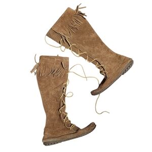 MINNETONKA Leather Moccasin Knee Boots Size 8 Fringe Boho Festival Western Indie